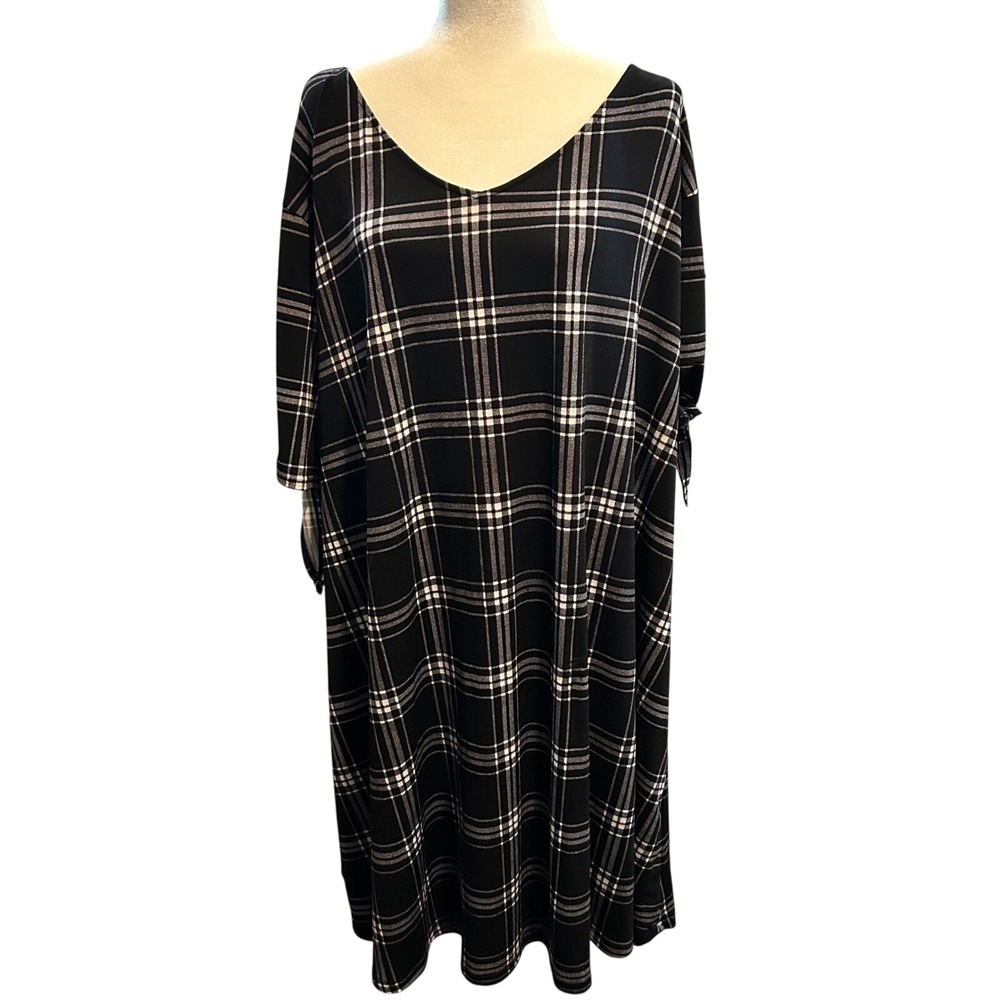 Worthington Woman 2X Plaid Black White V Neck Dress‎ Casual Career